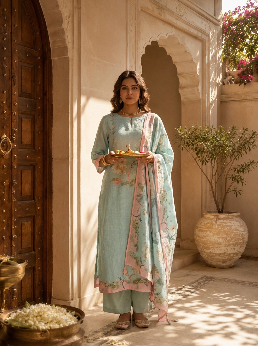 Mint Linen Paisley Printed And Hand Embroidery Three Piece Set