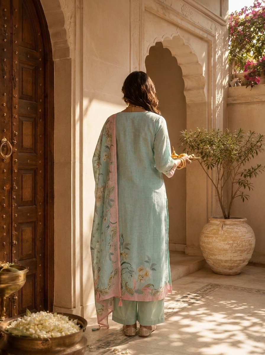 Mint Linen Paisley Printed And Hand Embroidery Three Piece Set