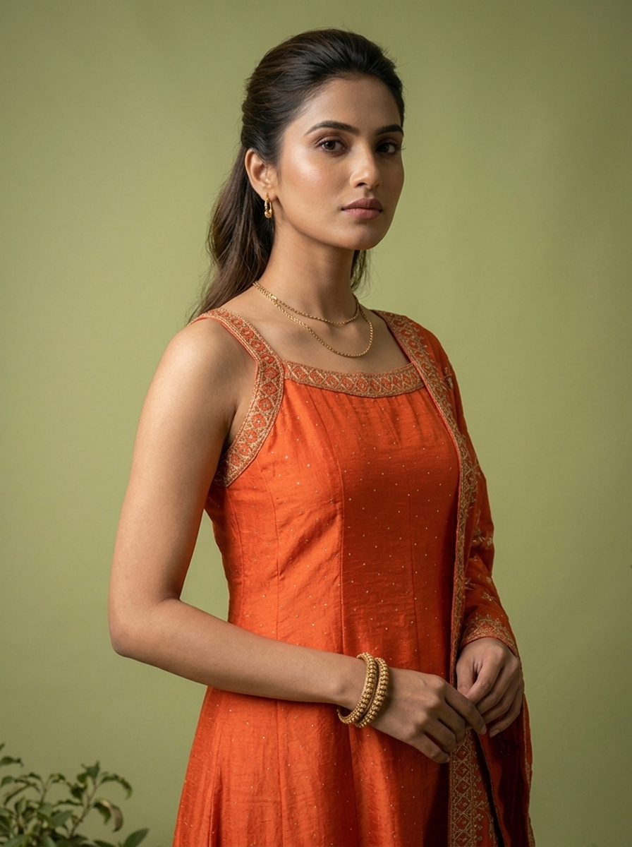 Orange Zari Paisley Design And Sequins Embroidery Silk Three Piece Set