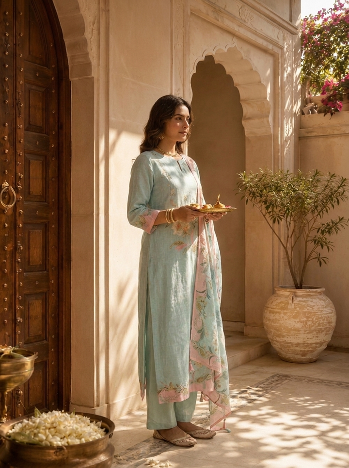 Mint Linen Paisley Printed And Hand Embroidery Three Piece Set