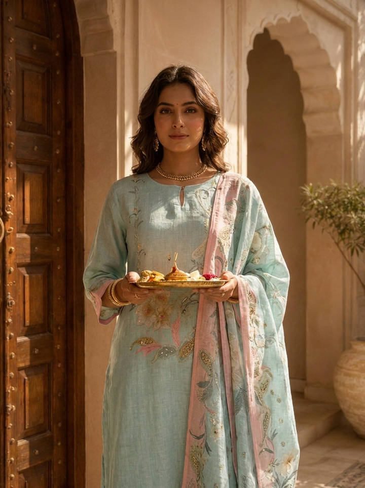 Mint Linen Paisley Printed And Hand Embroidery Three Piece Set
