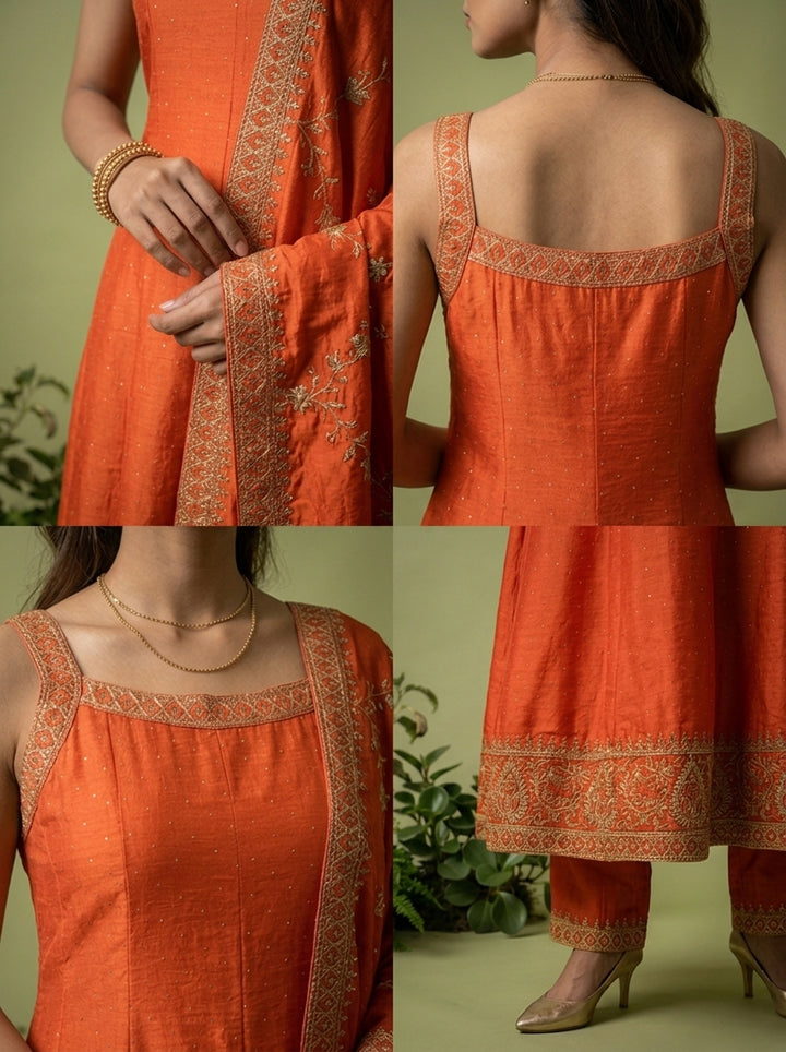 Orange Zari Paisley Design And Sequins Embroidery Silk Three Piece Set