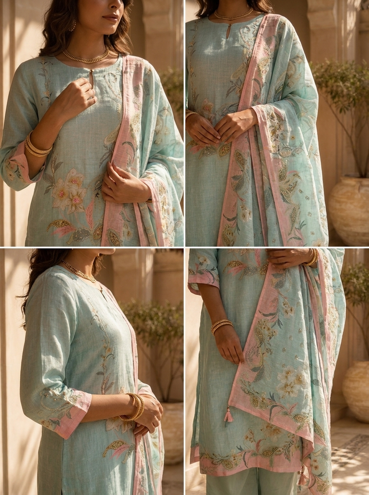 Mint Linen Paisley Printed And Hand Embroidery Three Piece Set