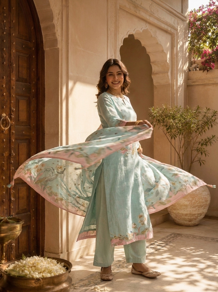 Mint Linen Paisley Printed And Hand Embroidery Three Piece Set