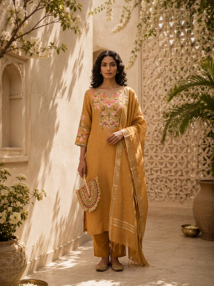 Mustard Linen Solid Design And Floral Thread Embroidered Three Piece Set