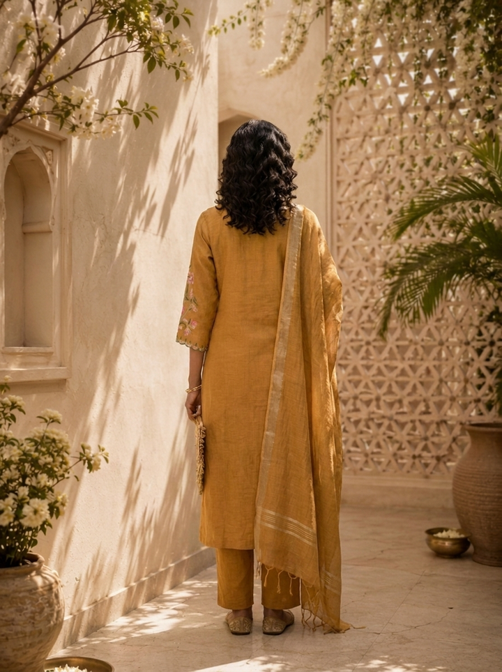 Mustard Linen Solid Design And Floral Thread Embroidered Three Piece Set