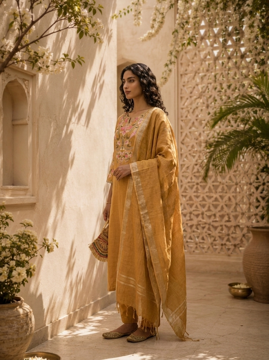 Mustard Linen Solid Design And Floral Thread Embroidered Three Piece Set