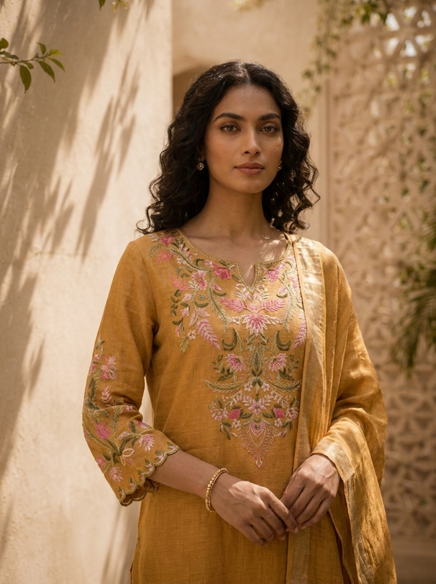 Mustard Linen Solid Design And Floral Thread Embroidered Three Piece Set