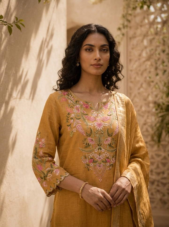Mustard Linen Solid Design And Floral Thread Embroidered Three Piece Set