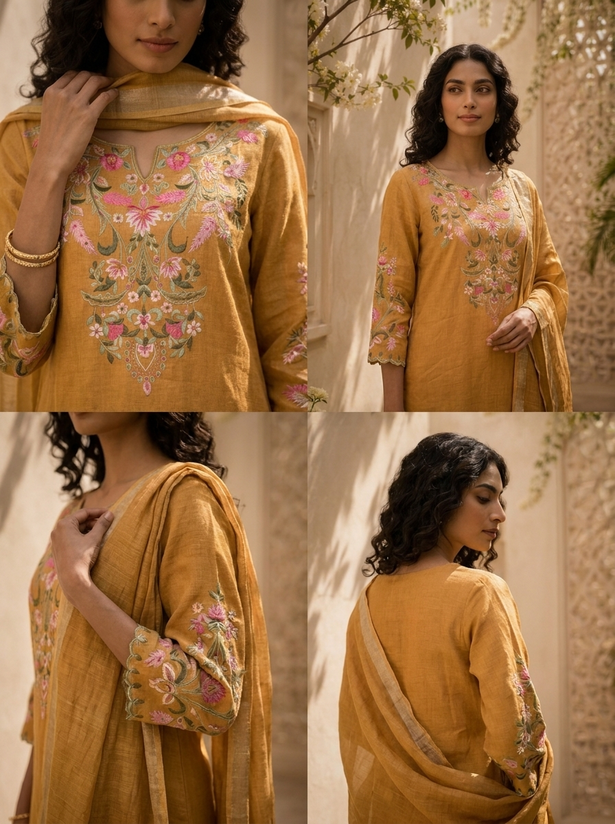Mustard Linen Solid Design And Floral Thread Embroidered Three Piece Set