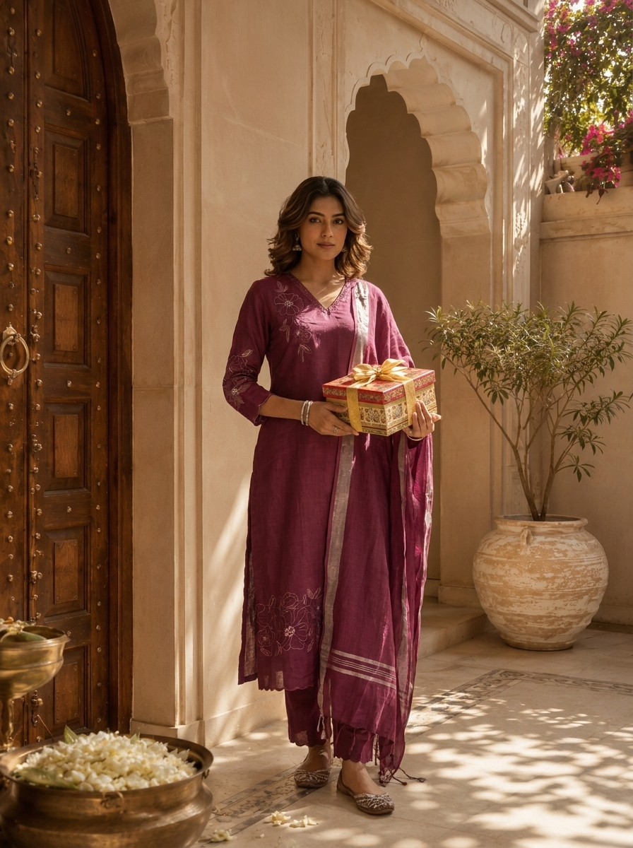 Wine Linen Thread Hand Embroidered Three Piece Set