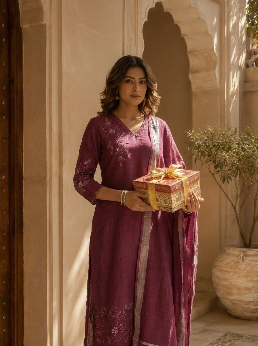 Wine Linen Thread Hand Embroidered Three Piece Set