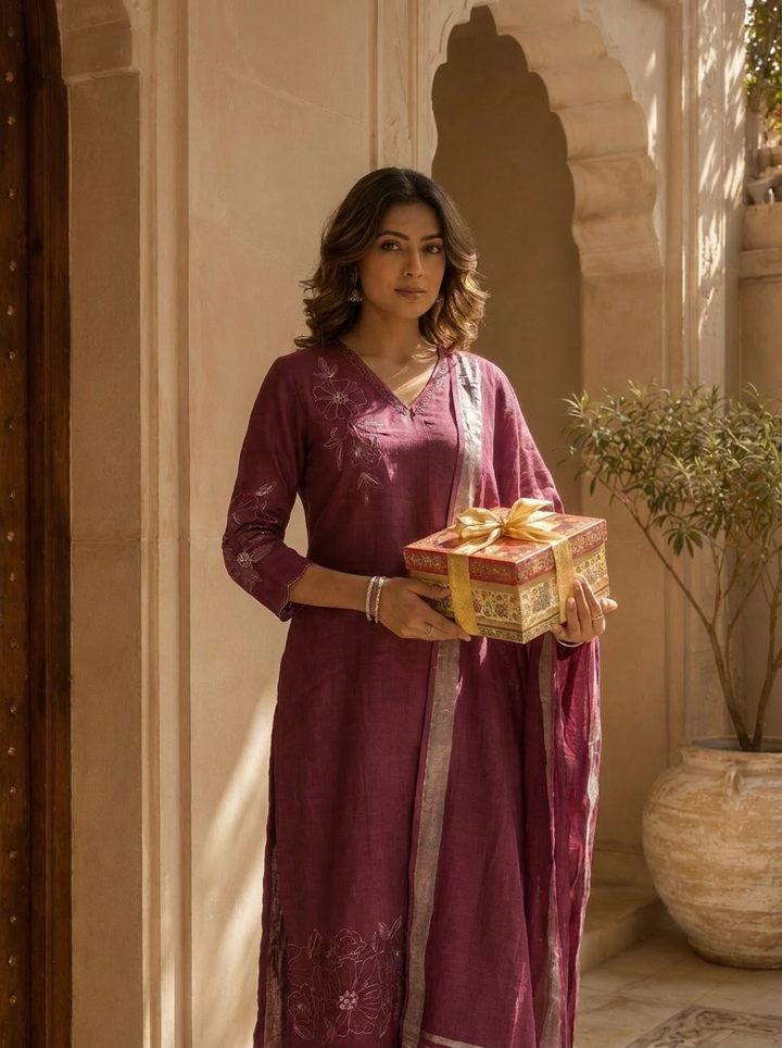 Wine Linen Thread Hand Embroidered Three Piece Set