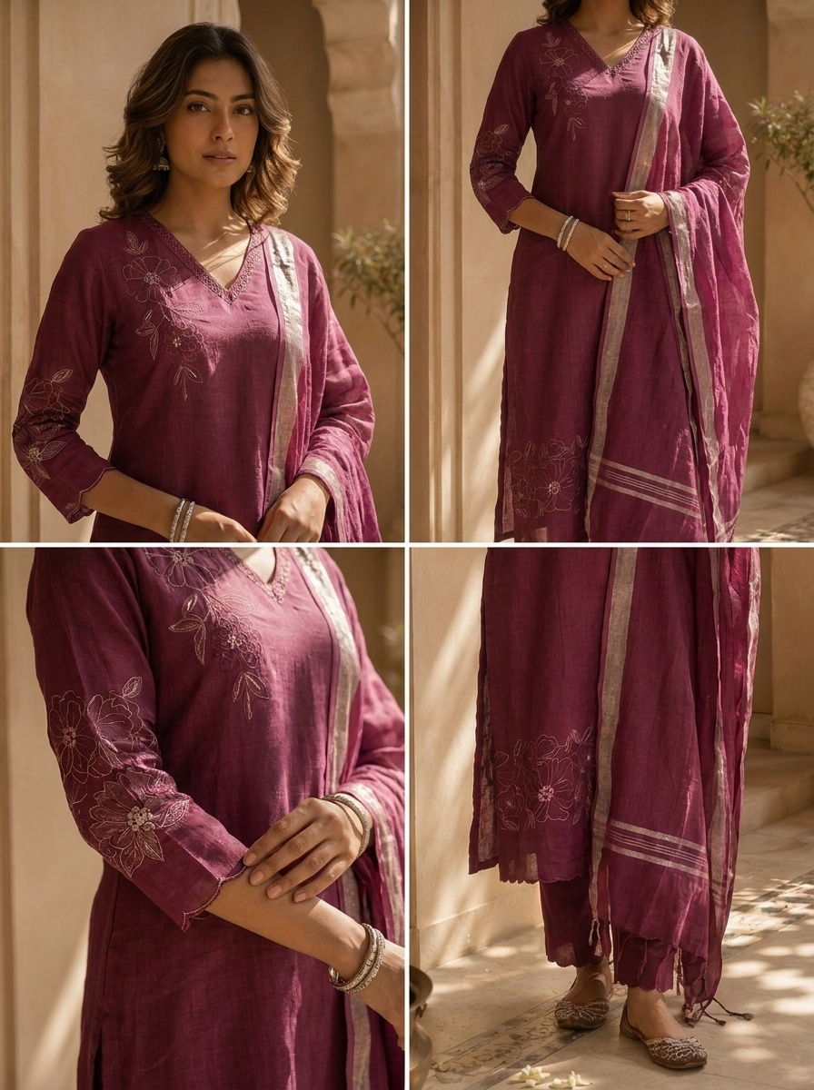 Wine Linen Thread Hand Embroidered Three Piece Set