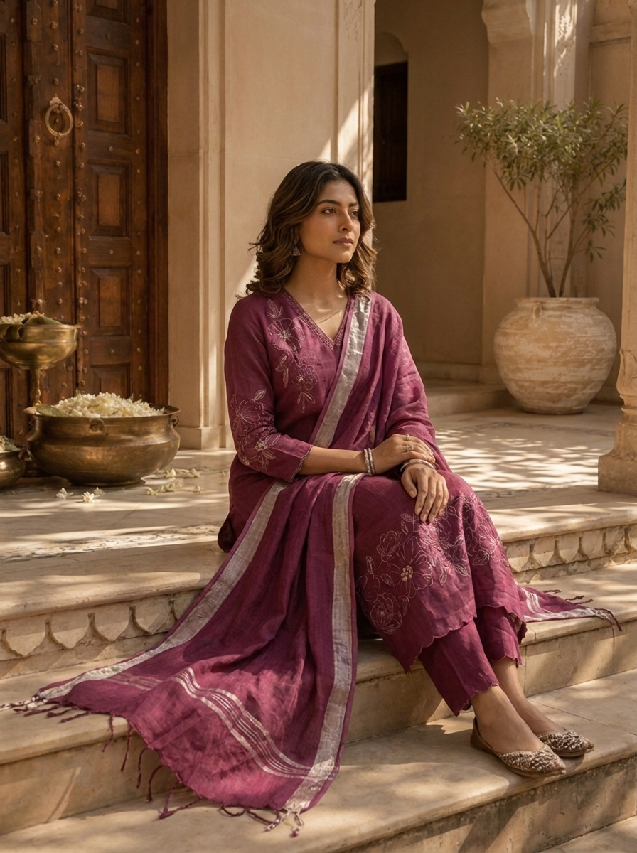 Wine Linen Thread Hand Embroidered Three Piece Set