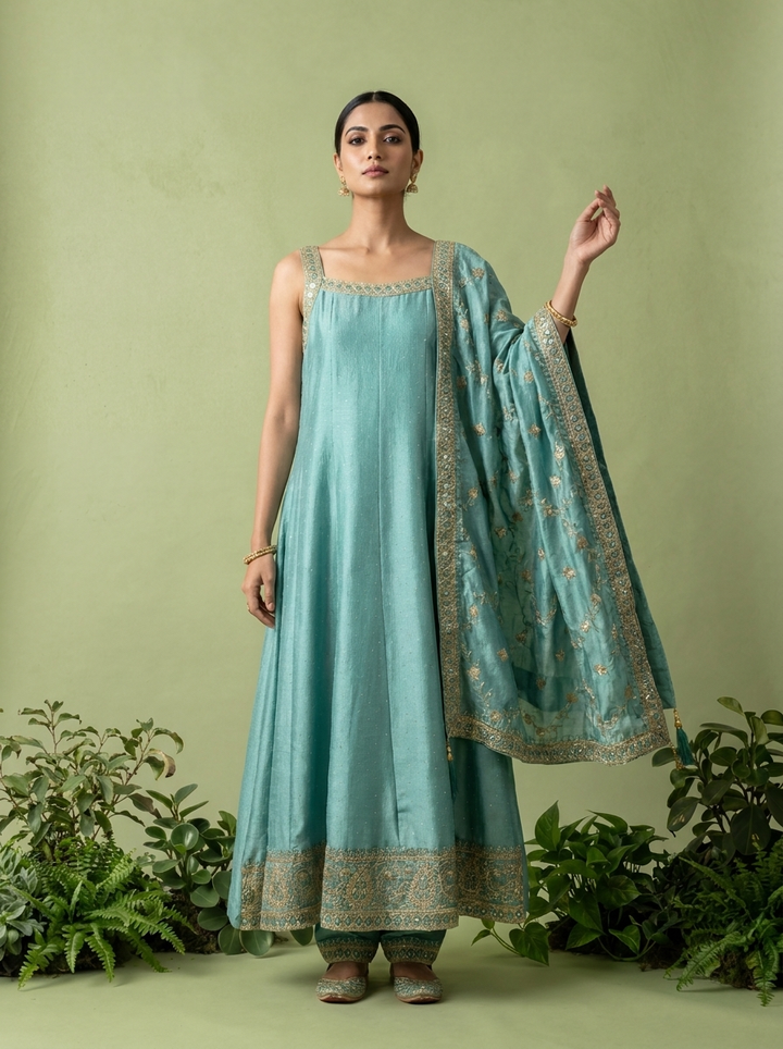 Sea Green Zari Paisley Design And Sequins Embroidery Silk Three Piece Set