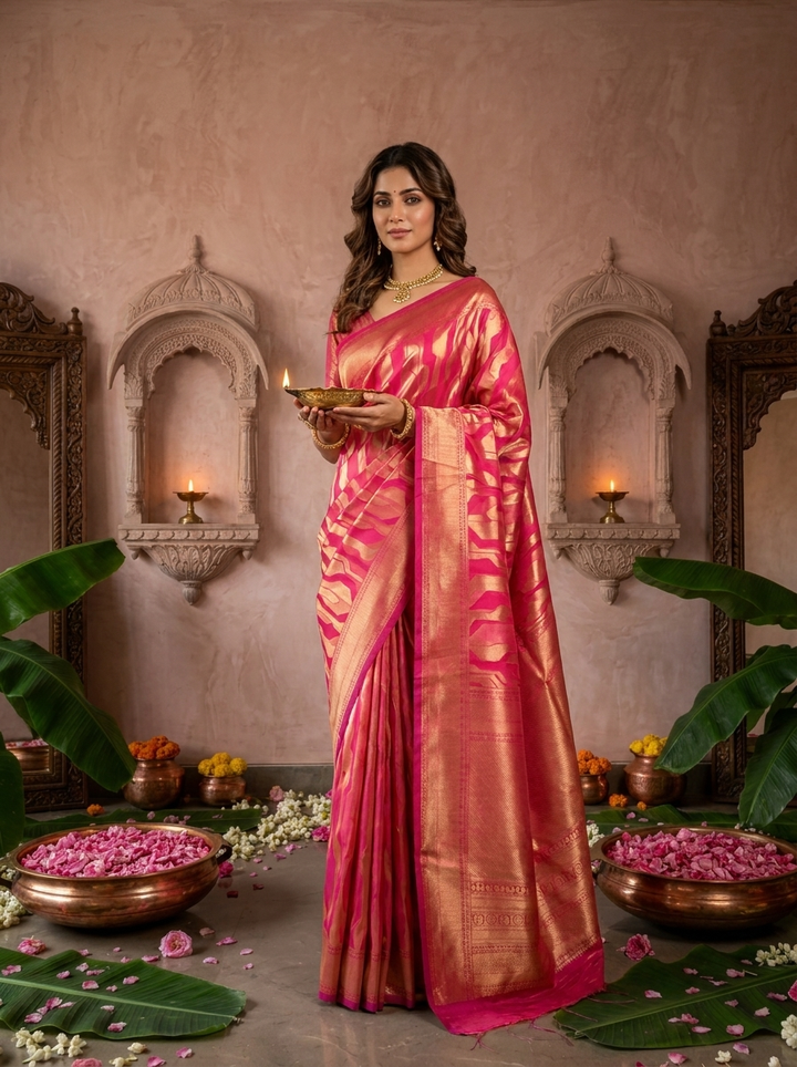 Rani Pink Banarasi Silk Saree with Rich Gold Zari Weaving