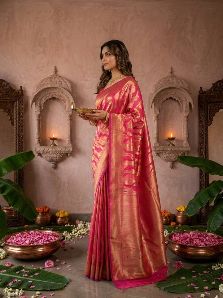 Rani Pink Banarasi Silk Saree with Rich Gold Zari Weaving