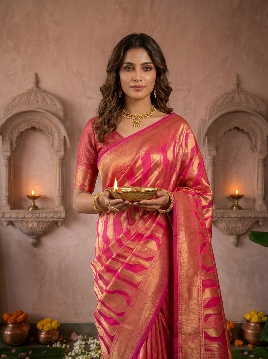 Rani Pink Banarasi Silk Saree with Rich Gold Zari Weaving