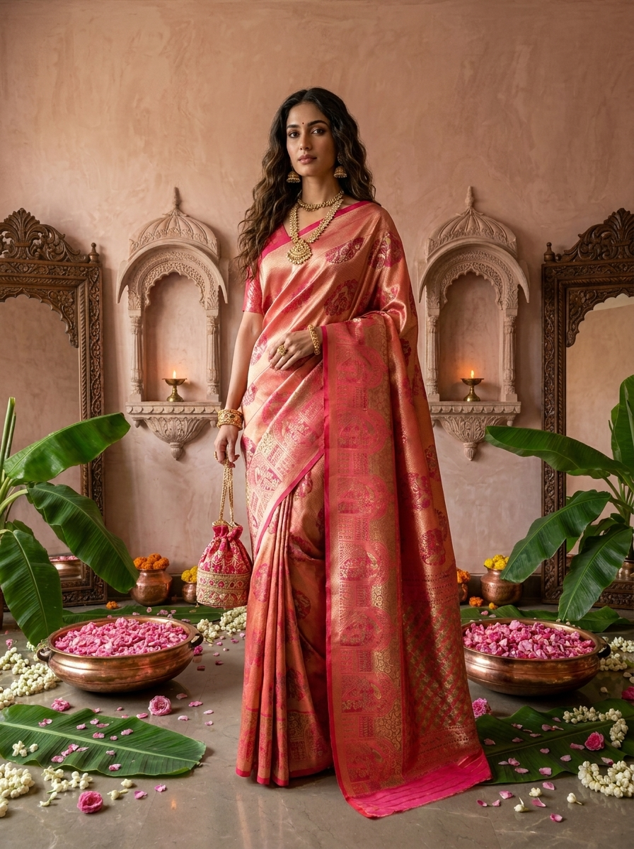 Rani Pink Banaras Silk Weaved Saree With Mor-Popat Patola Design