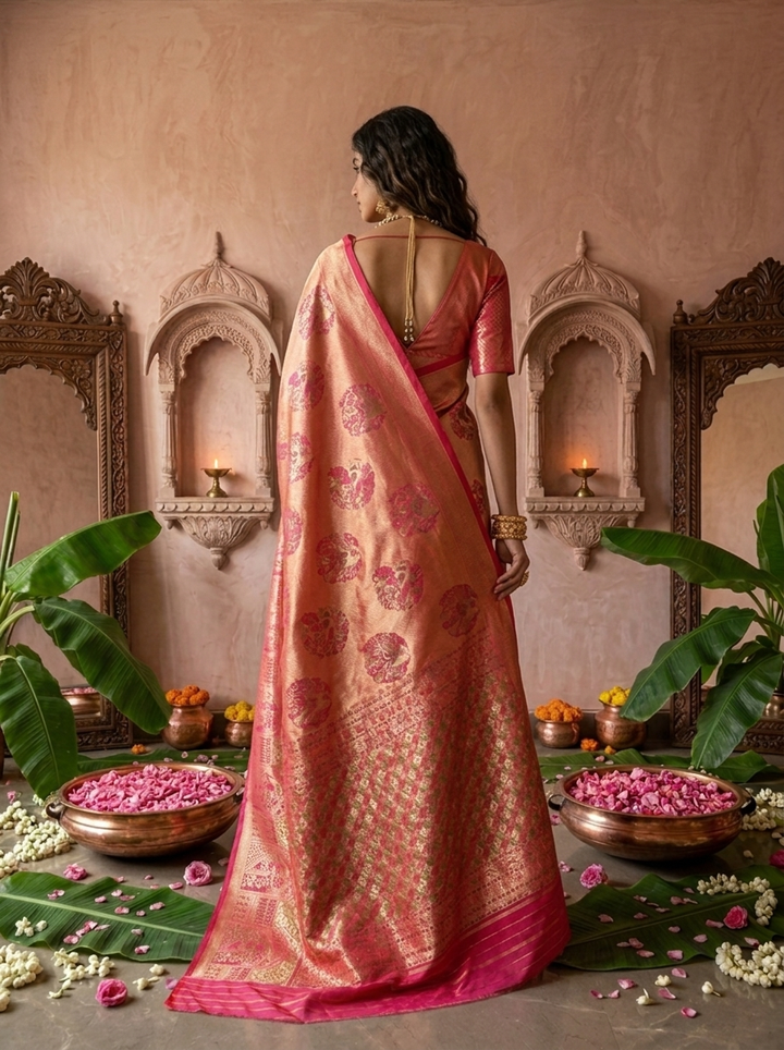 Rani Pink Banaras Silk Weaved Saree With Mor-Popat Patola Design