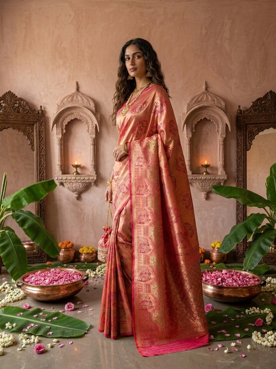 Rani Pink Banaras Silk Weaved Saree With Mor-Popat Patola Design