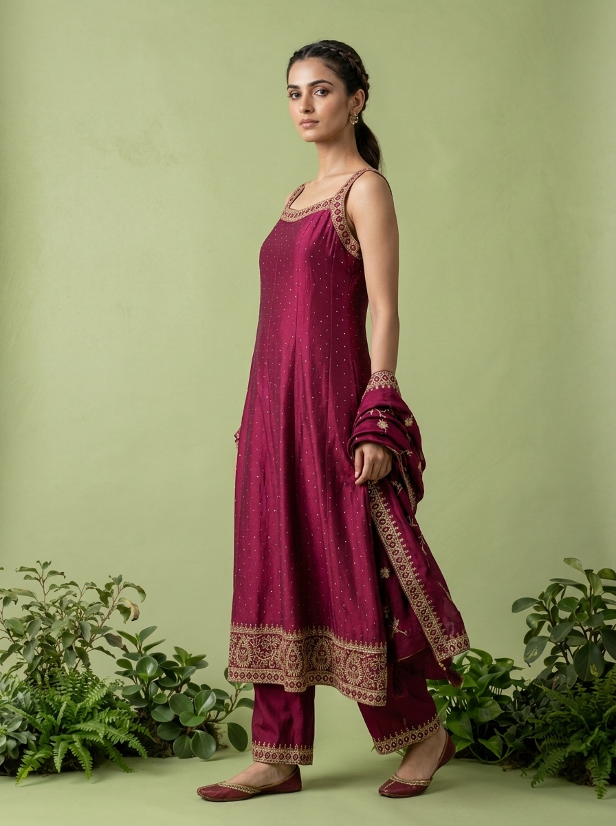 Wine Zari Paisley Design And Sequins Embroidery Silk Three Piece Set