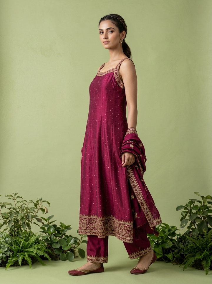 Wine Zari Paisley Design And Sequins Embroidery Silk Three Piece Set