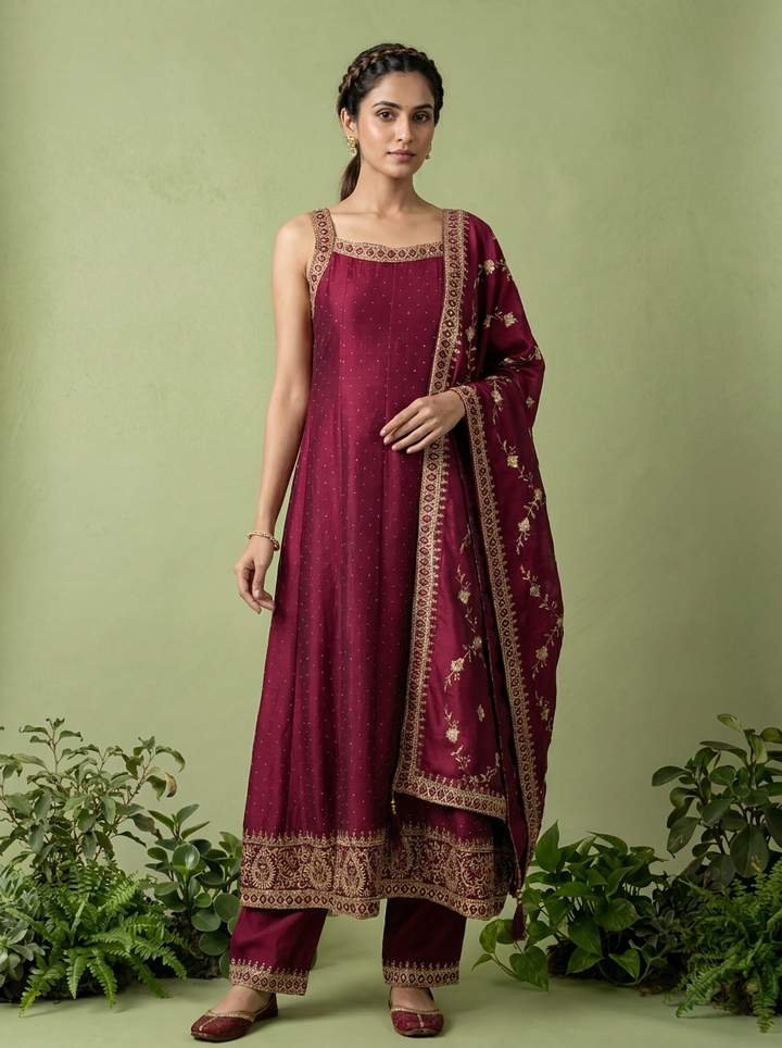 Wine Zari Paisley Design And Sequins Embroidery Silk Three Piece Set
