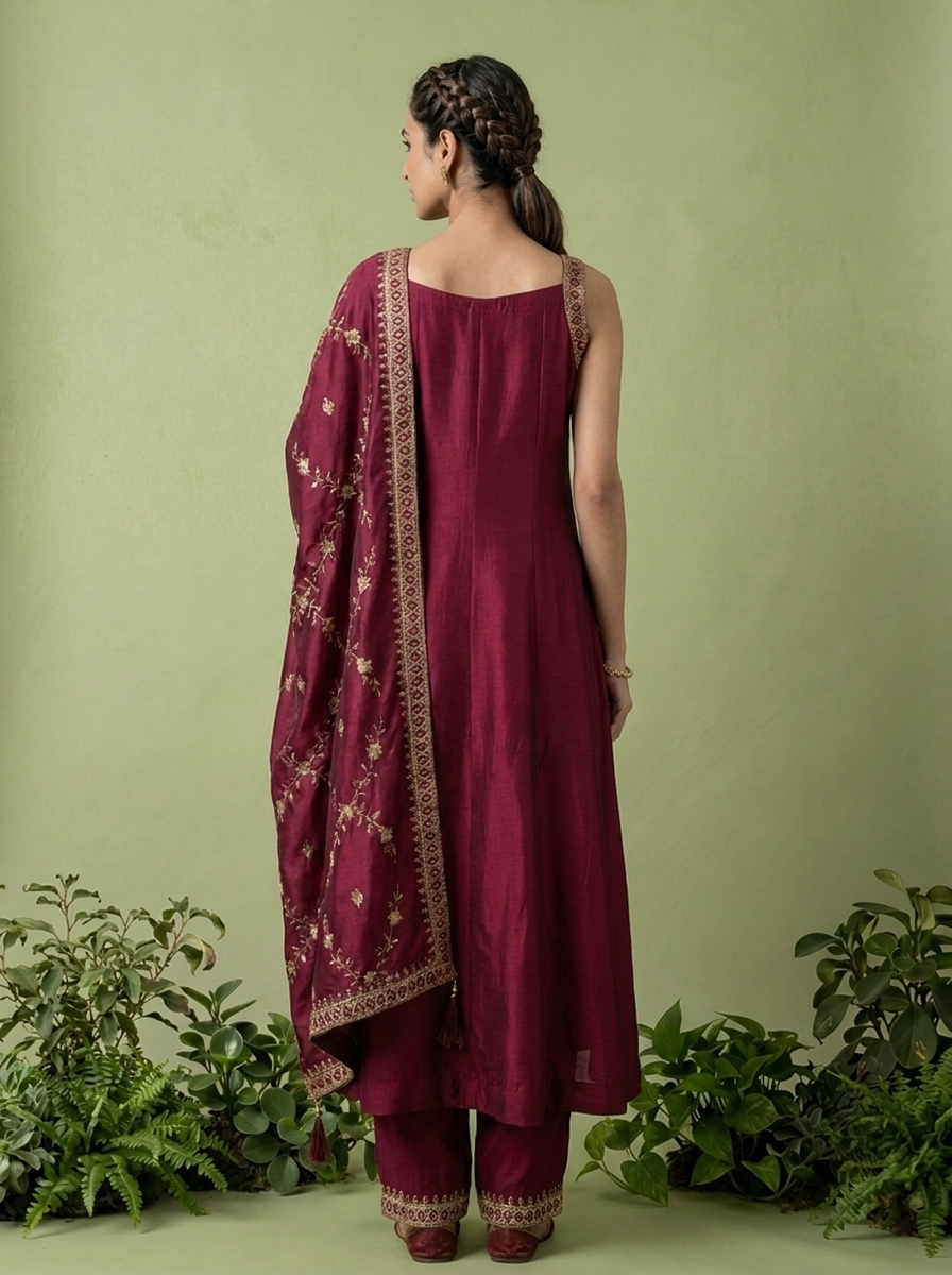 Wine Zari Paisley Design And Sequins Embroidery Silk Three Piece Set
