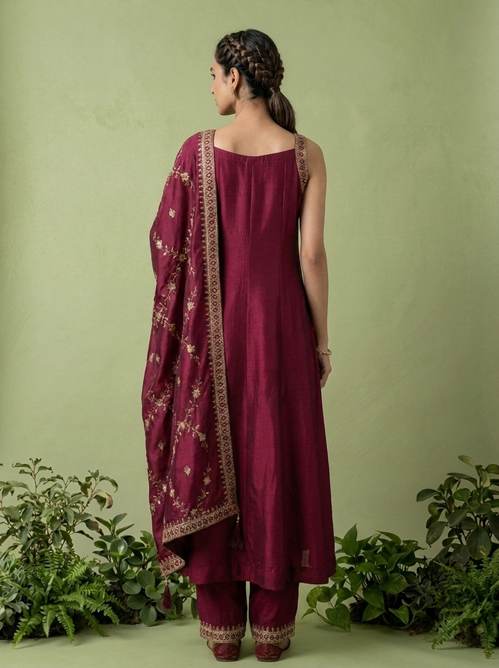 Wine Zari Paisley Design And Sequins Embroidery Silk Three Piece Set