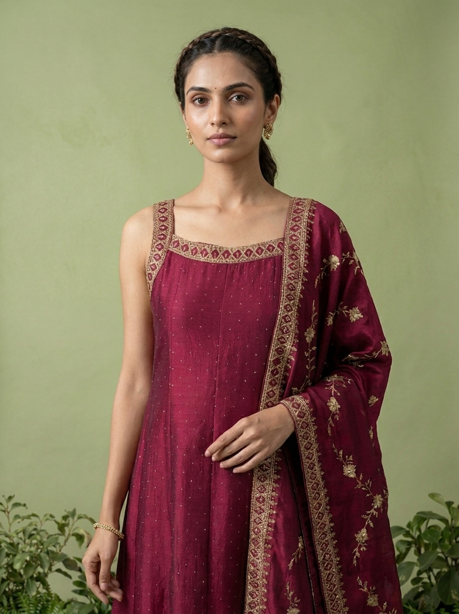 Wine Zari Paisley Design And Sequins Embroidery Silk Three Piece Set