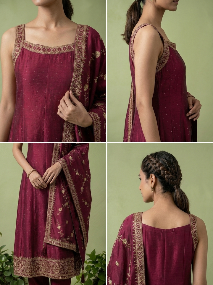 Wine Zari Paisley Design And Sequins Embroidery Silk Three Piece Set