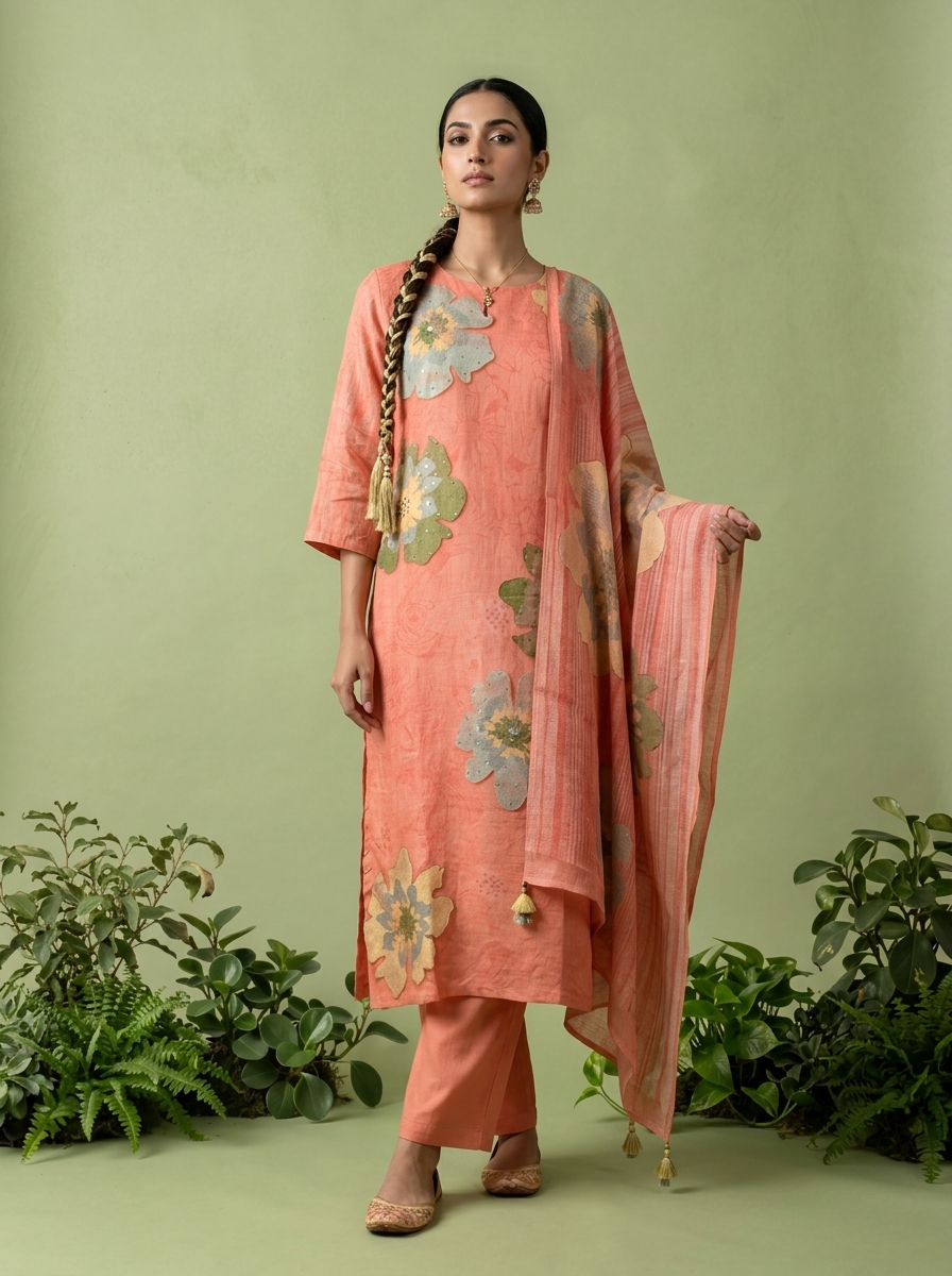 Coral Linen Floral Printed Three Piece Set