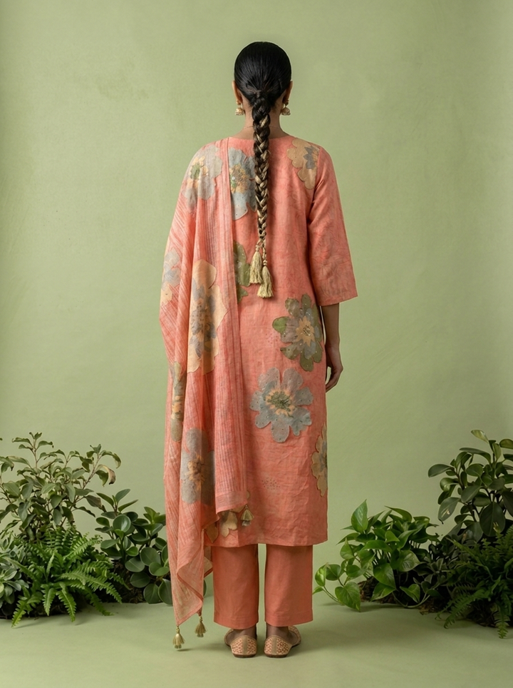 Coral Linen Floral Printed Three Piece Set