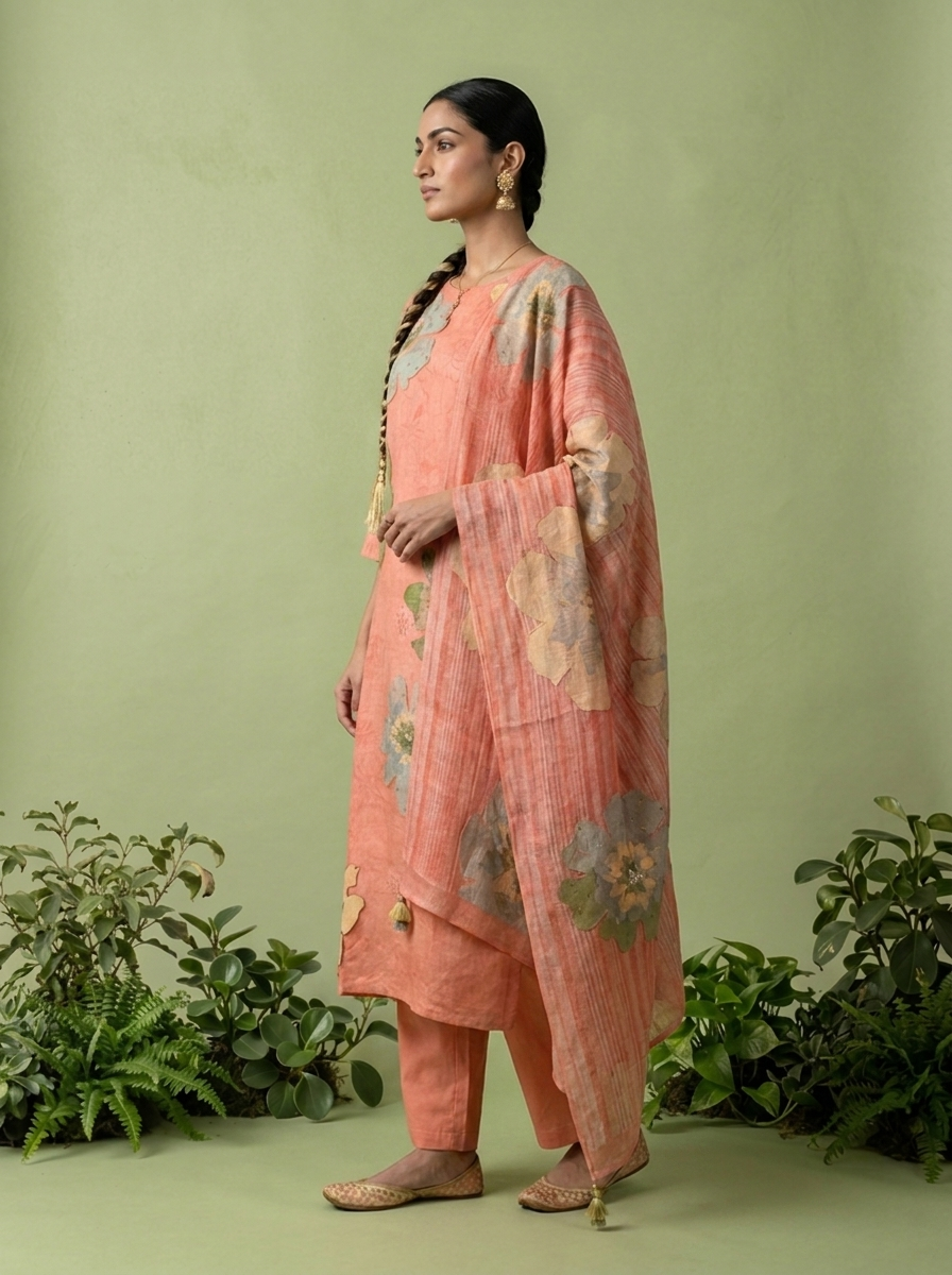 Coral Linen Floral Printed Three Piece Set