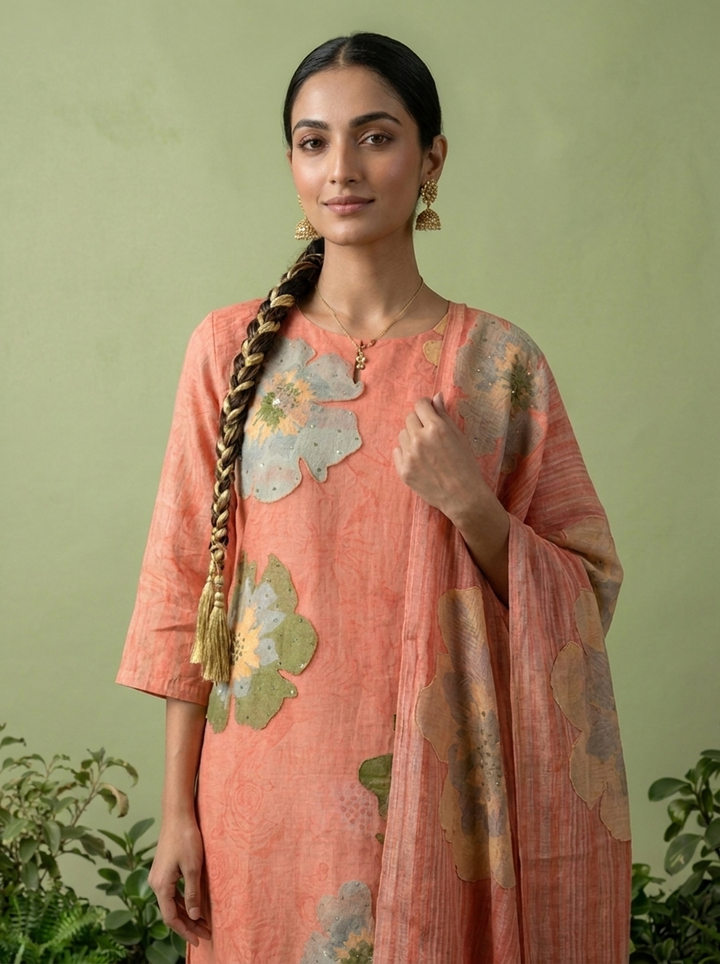 Coral Linen Floral Printed Three Piece Set