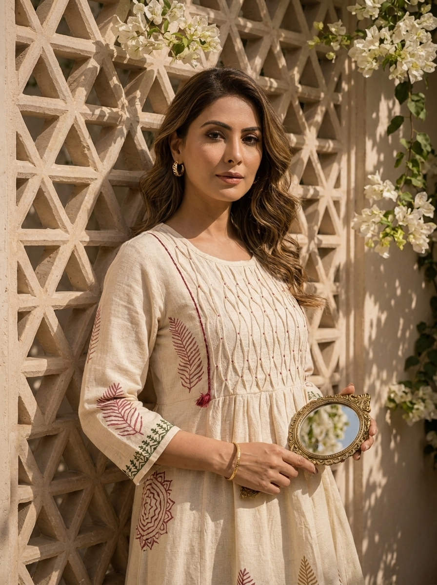 Cream And Wine Floral Thread Embroidery Cotton Two Piece Set