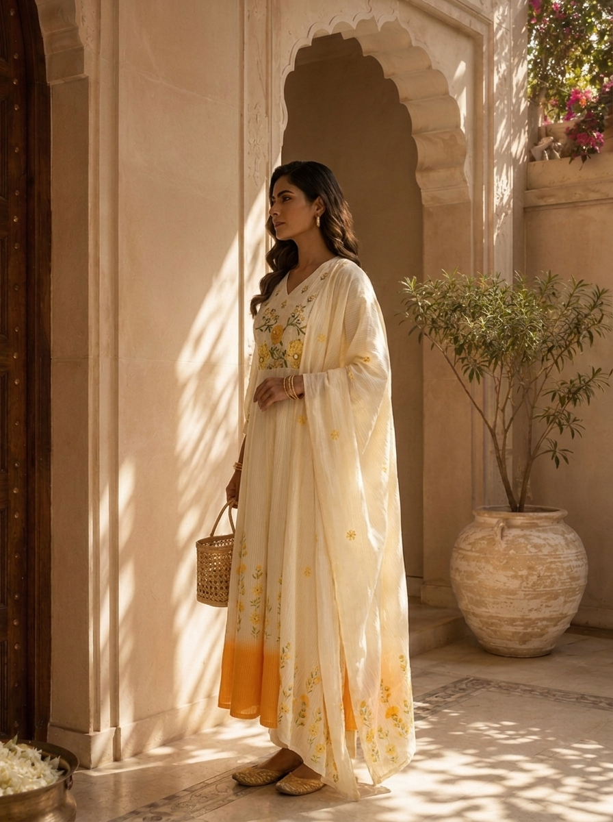 Mustard And White Cotton Floral Hand Thread Embroidery Three Piece Set