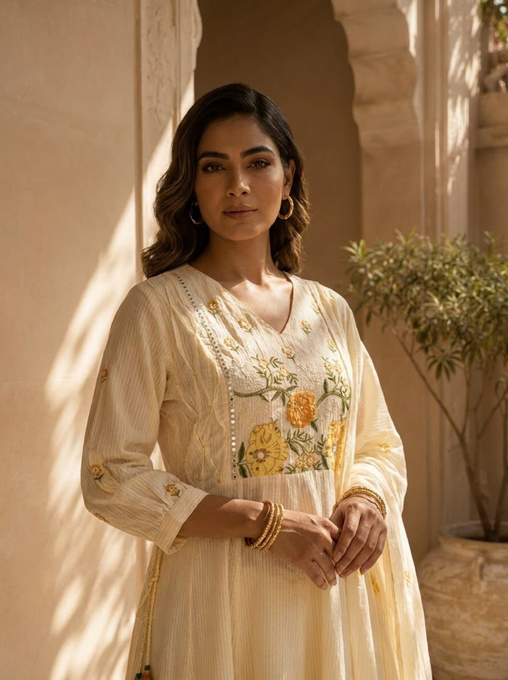 Mustard And White Cotton Floral Hand Thread Embroidery Three Piece Set