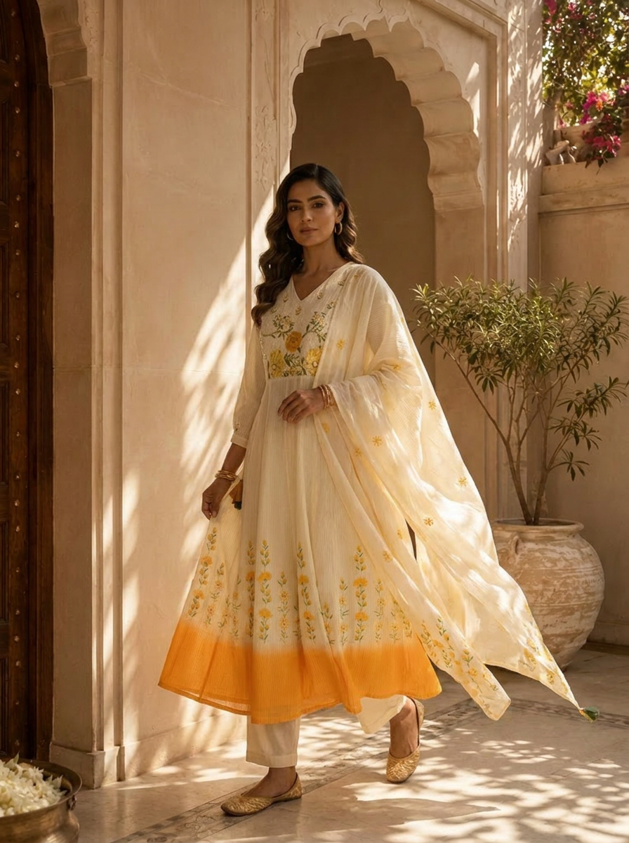 Mustard And White Cotton Floral Hand Thread Embroidery Three Piece Set
