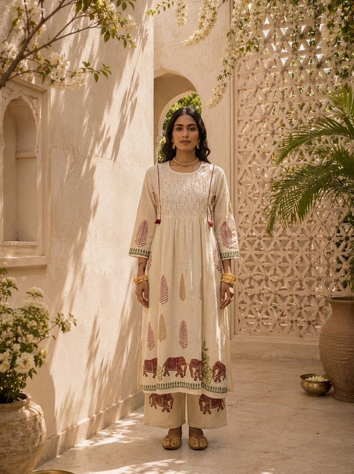 Cream And Wine Floral Thread Embroidery Cotton Two Piece Set