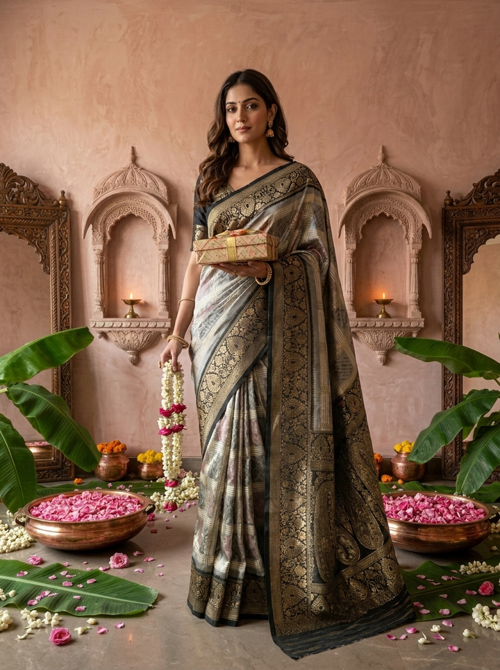 Grey Banaras Silk Geometric Ethnic Motif Printed Saree