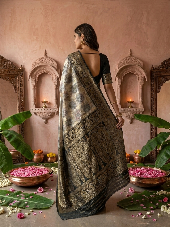 Grey Banaras Silk Geometric Ethnic Motif Printed Saree