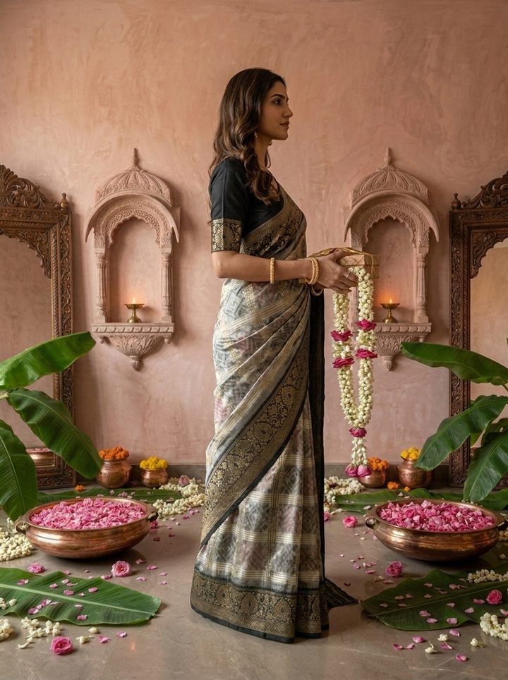 Grey Banaras Silk Geometric Ethnic Motif Printed Saree