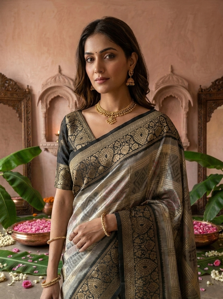 Grey Banaras Silk Geometric Ethnic Motif Printed Saree