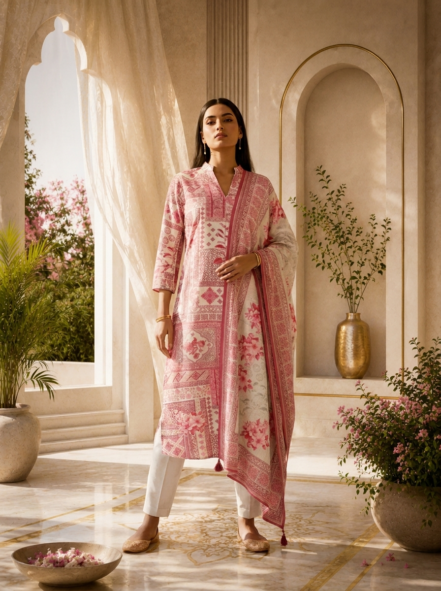 Pink Heavy Floral Printed Rayon Three Piece Set