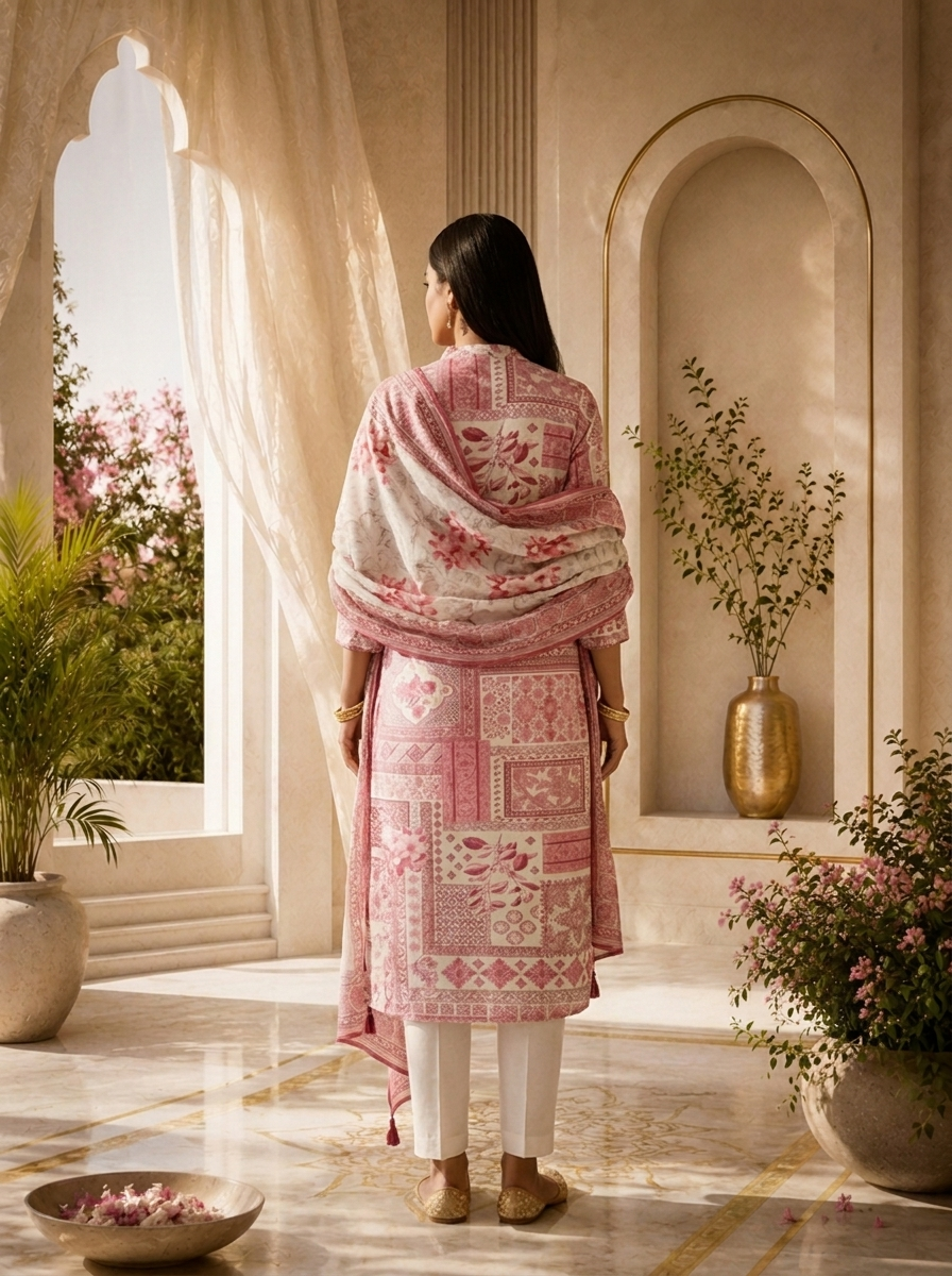 Pink Heavy Floral Printed Rayon Three Piece Set