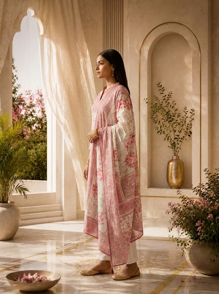 Pink Heavy Floral Printed Rayon Three Piece Set