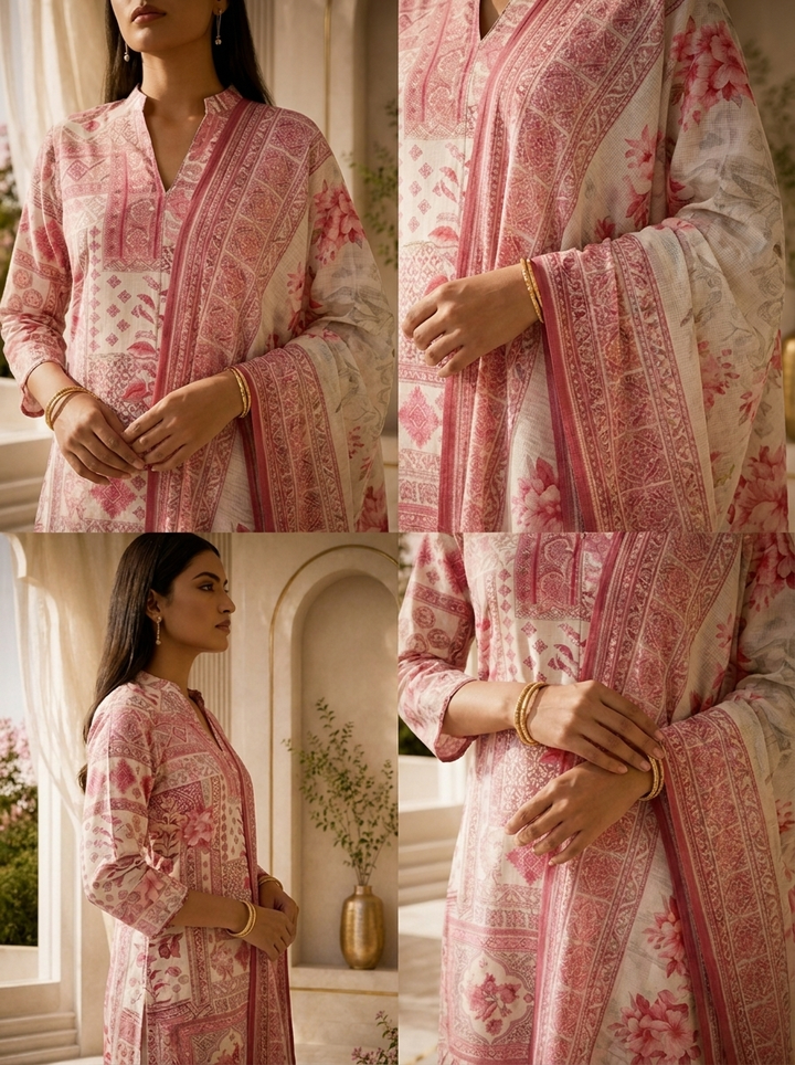 Pink Heavy Floral Printed Rayon Three Piece Set